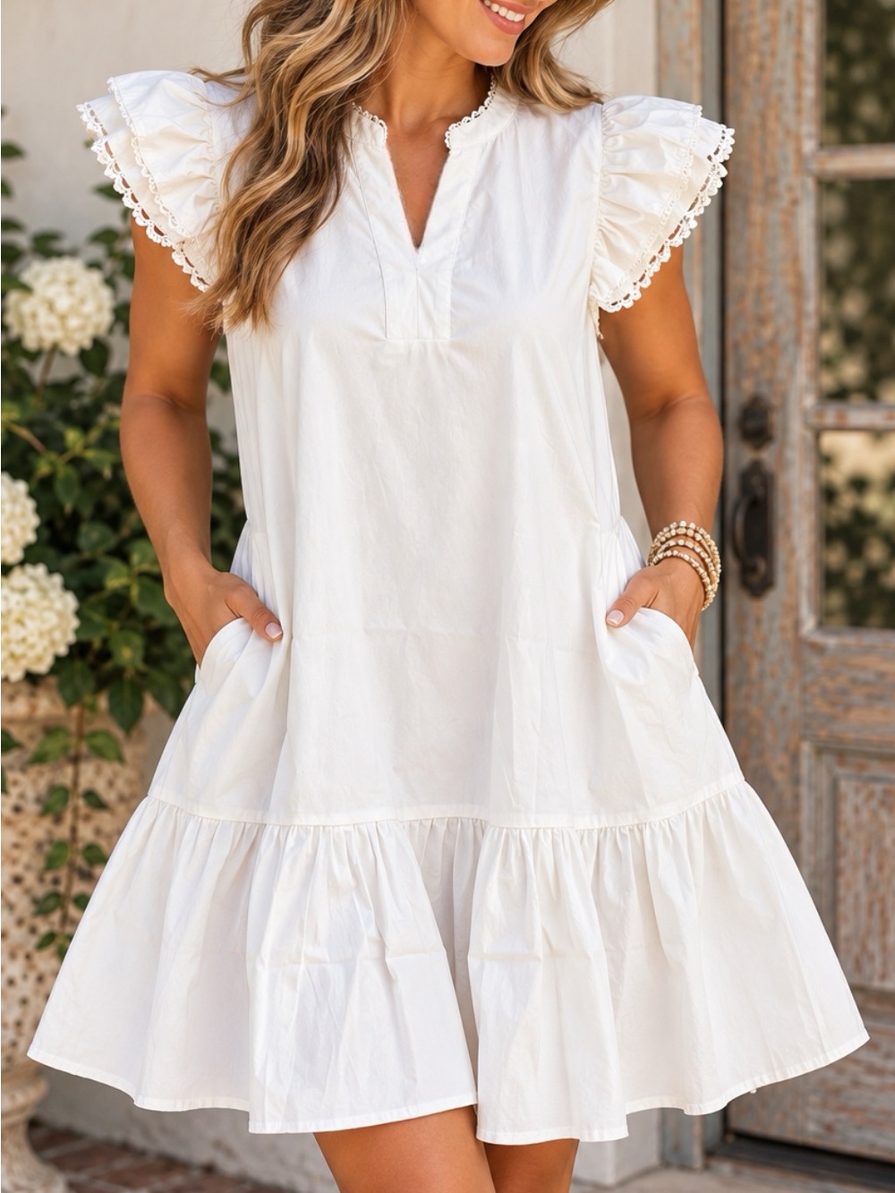 NWT Mary Square Sierra Women’s White Ruffle Sleeve Cotton Dress